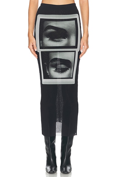 Jean Paul Gaultier Eyes And Lips Mesh Printed Long Skirt in Black, Grey, & White