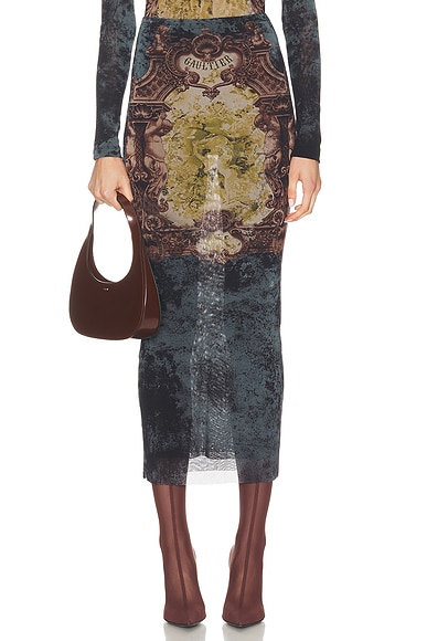 Jean Paul Gaultier Medaillon Printed Long Skirt in Black, Vintage Blue, & Green
