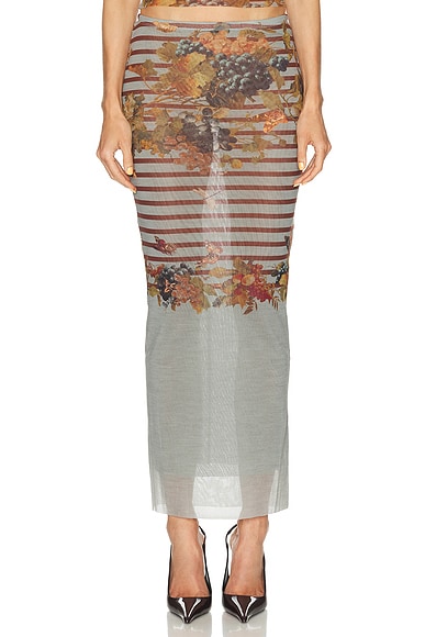 Jean Paul Gaultier Mesh Printed Marinière Grape Long Skirt in Light Blue & Multicolor