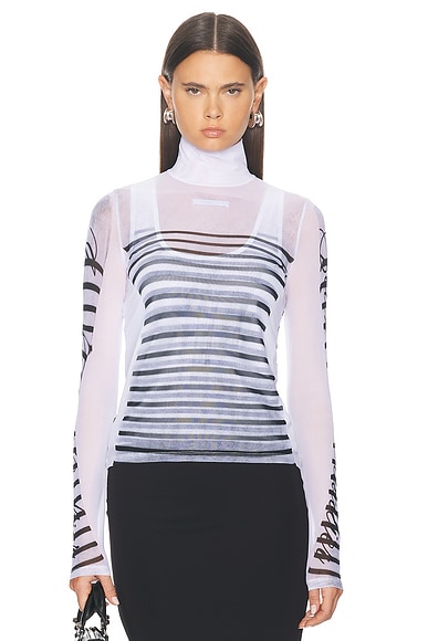 Jean Paul Gaultier Feathers Mariniere Printed Mesh Long Sleeve Top in White, Navy, & Black
