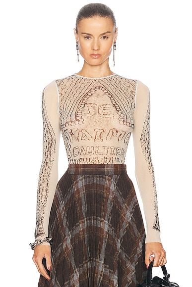 Jean Paul Gaultier Pull Je T'aime Long Sleeve Top in Light Beige