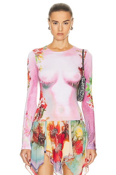 Jean Paul Gaultier Printed Body Flowers Long Sleeve Top in Pink & Yellow