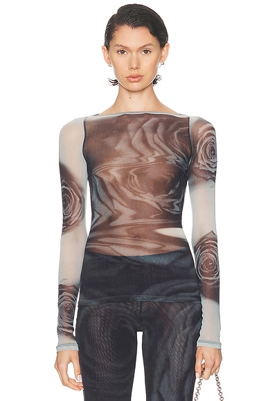 Boat Neck Blurry Roses Printed Long Sleeve Top