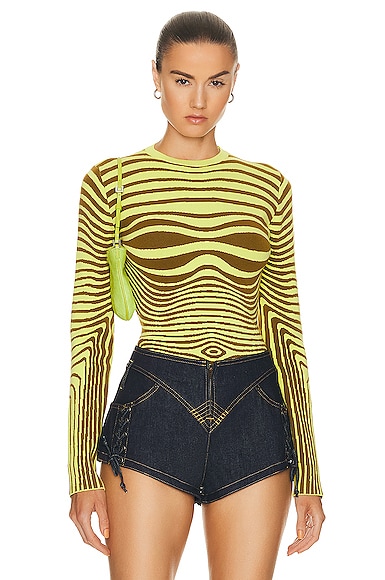 Jean Paul Gaultier Morphing Stripes Long Sleeve Top in Khaki & Lime