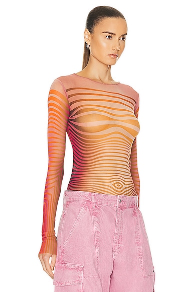 Shop Jean Paul Gaultier Printed Morphing Stripes Long Sleeve Top In Red & Orange