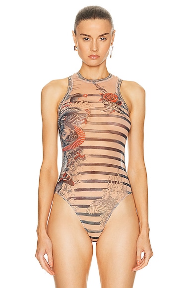 Shop Jean Paul Gaultier Printed Mariniere Tattoo Sleeveless Bodysuit In Nude  Blue  & Red