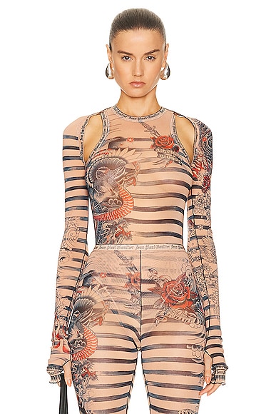 Jean Paul Gaultier Printed Mariniere Tattoo Long Sleeve Shawl in Nude, Blue, & Red