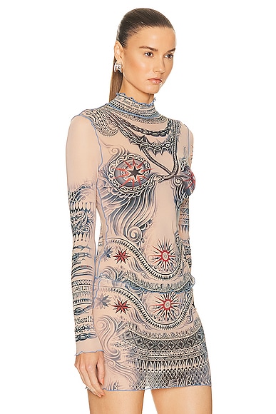 Shop Jean Paul Gaultier Printed Soleil Long Sleeve High Neck Top In Nude  Blue  & Red