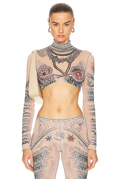 Jean Paul Gaultier Printed Soleil Long Sleeve High Neck Cropped Top in Nude, Blue, & Red
