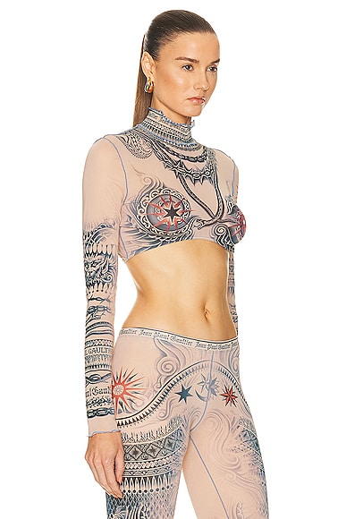 Shop Jean Paul Gaultier Printed Soleil Long Sleeve High Neck Cropped Top In Nude  Blue  & Red