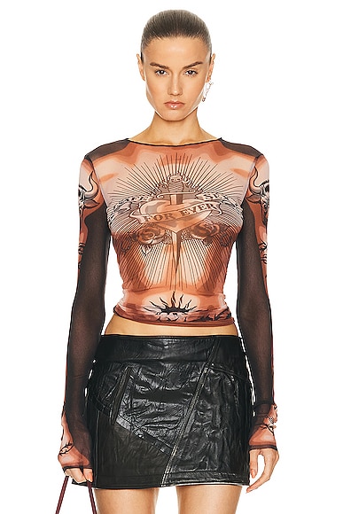 Jean Paul Gaultier Printed Safe Sex Tattoo Long Sleeve Crew Neck Top in Nude, Brown, & Black
