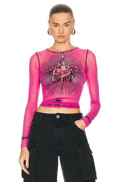 Jean Paul Gaultier Printed Safe Sex Tattoo Long Sleeve Crew Neck Top in Pink Shocking