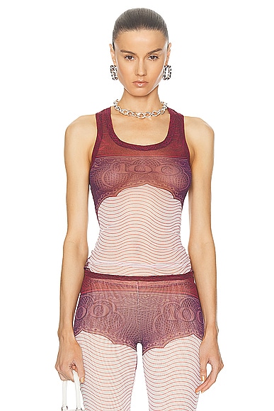 Jean Paul Gaultier Cartouche Mesh Tank Top In Red  White  & Burgundy