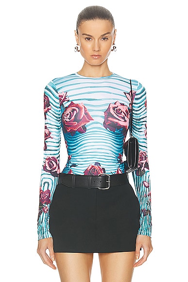 Jean Paul Gaultier Blue & Red Flower Body Morphing Long Sleeve T-shirt In Blue  Red  & White