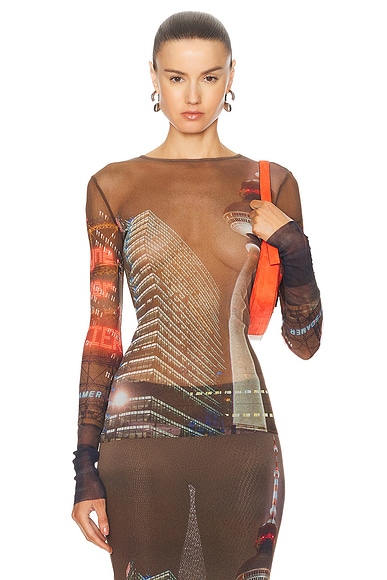 Jean Paul Gaultier X Shayne Oliver Mesh City Long Sleeve Top in Brown, Green, Blue, & Red