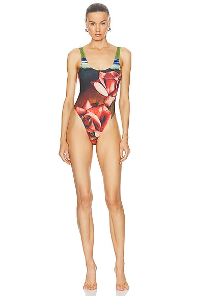 Jean Paul Gaultier Roses One Piece Swimsuit in Green, Red, & Blue
