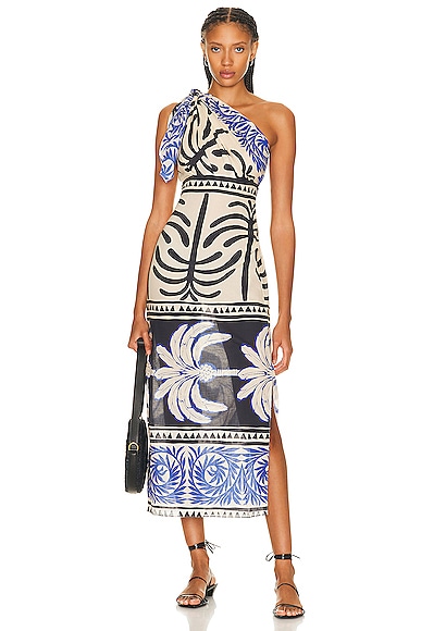 Johanna Ortiz Tanga Coast Ankle Dress in African Waves Pareo Ecru & Cobalt