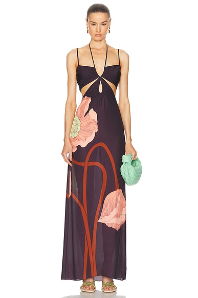Johanna Ortiz Sacred Plant Maxi Dress in Papaver Somniferum, Purple, Peach, & Terracota