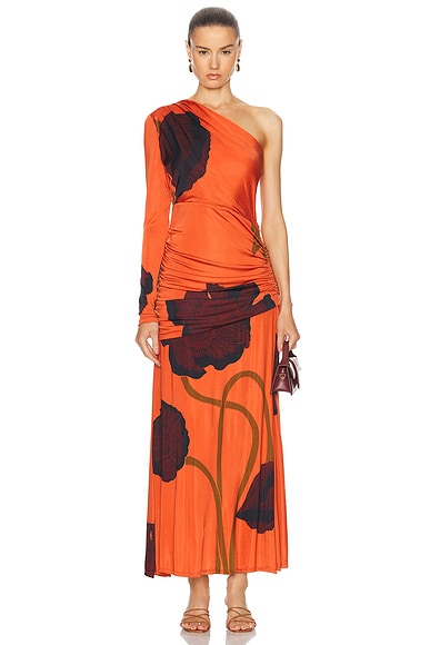 Johanna Ortiz Brisa Beduina Ankle Dress in Papaver Somniferum, Red, Wine, & Brown
