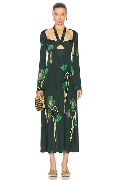 Johanna Ortiz Paisaje Lejano Ankle Dress in Papaver Somniferum, Green, Yellow, & Peach