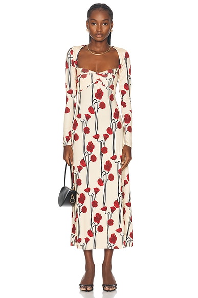 Johanna Ortiz Scarlet Letter Ankle Dress in Papaver Somniferum, Ecru, Red, & Black