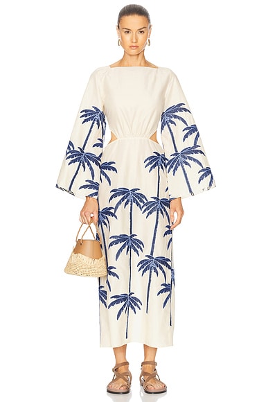 Johanna Ortiz Embroidered Journey Ankle Dress in Ecru & Blue
