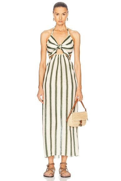 Johanna Ortiz Los Siete Mares Ankle Dress in Swim Tie Dye Lines, Ecru, & Green