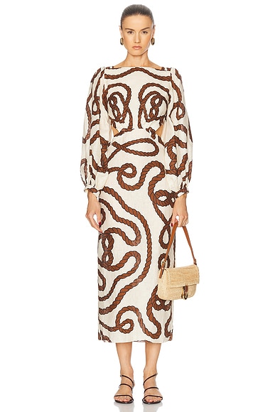 Johanna Ortiz Sailing Robes Ankle Dress in Ecru & Paprika