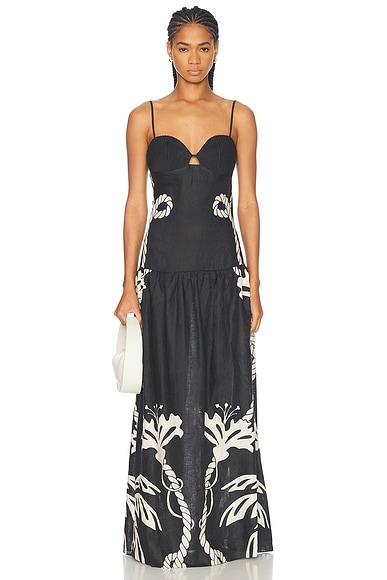 Johanna Ortiz Enlightened Sailor Maxi Dress in Tropical Catch, Ecru, & Black