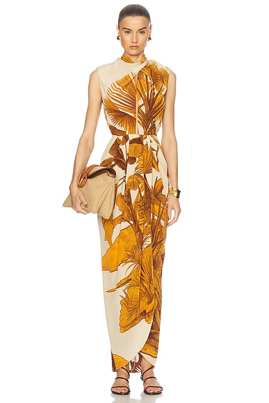 Johanna Ortiz Sailing Sunset Ankle Dress in Yellow & Brown