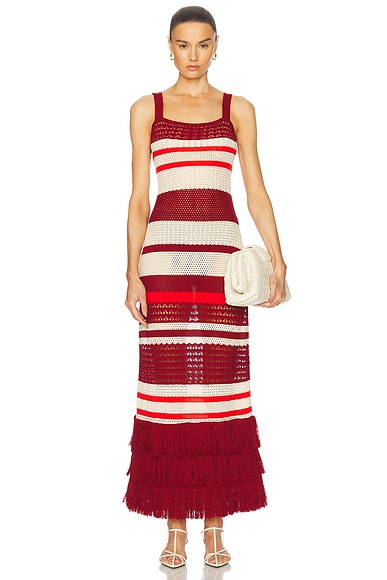 Johanna Ortiz Embayed Dress in Antique Ecru, Wine, & Red