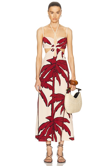 Johanna Ortiz Cory Reefs Ankle Dress in Salty Palms, Ecru, & Red