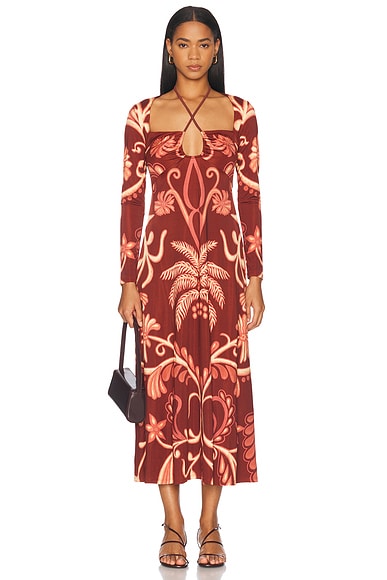 Johanna Ortiz Festive Performance Ankle Dress in Tropical Suit Of Lights, Wine, Marsala, & Ecru