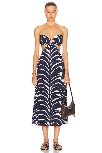 Johanna Ortiz Ocean Layers Ankle Dress in Swim Palm Stripes, Ecru, & Blue