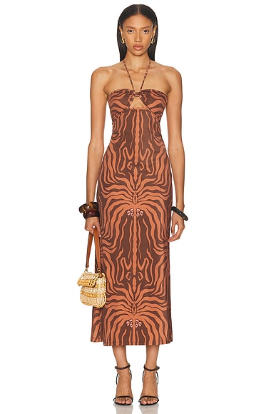 Johanna Ortiz Jungle Palms Midi Dress in Dark Chocolate & Camel