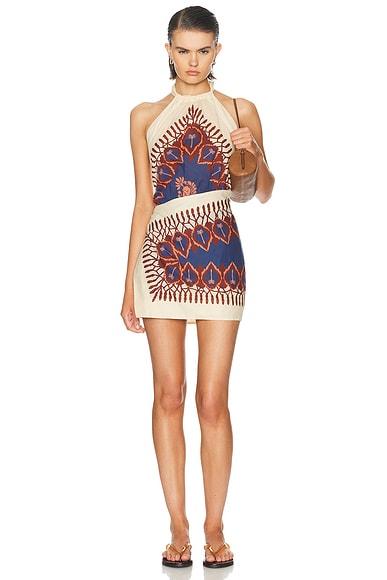 Johanna Ortiz Salt Dreamer Mini Dress in Ecru & Blue