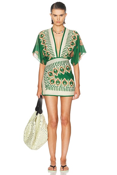 Johanna Ortiz Inundada De Color Mini Dress in Green & Ecru