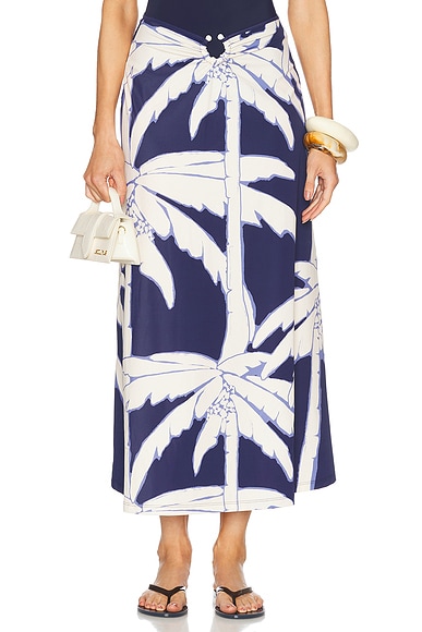 Johanna Ortiz Palms Breath Of Life Midi Skirt in Blue & Ecru