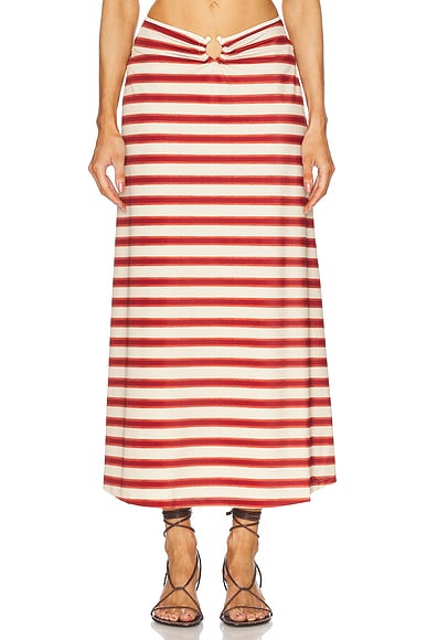 Johanna Ortiz Breath Of Life Midi Skirt in Swim Tie Dye Lines, Ecru, & Red