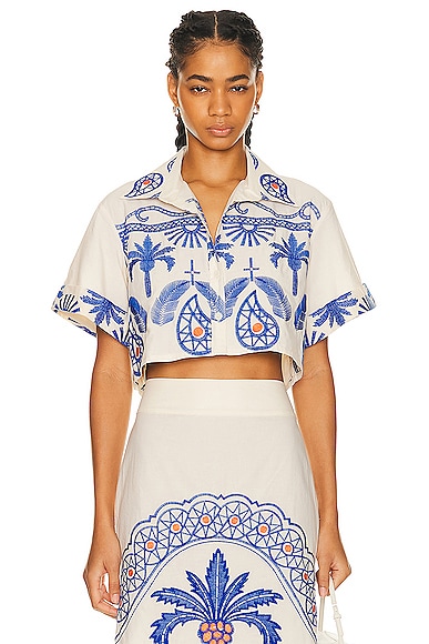 Johanna Ortiz Manyattas Shirt in Tropical Embroidery Ecru & Blue