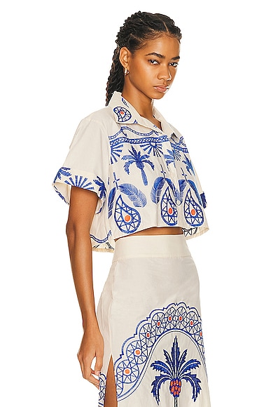 Shop Johanna Ortiz Manyattas Shirt In Tropical Embroidery Ecru & Blue