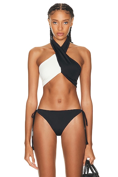 Shop Johanna Ortiz Chilled Vibe Bikini Top In Black & Ecru