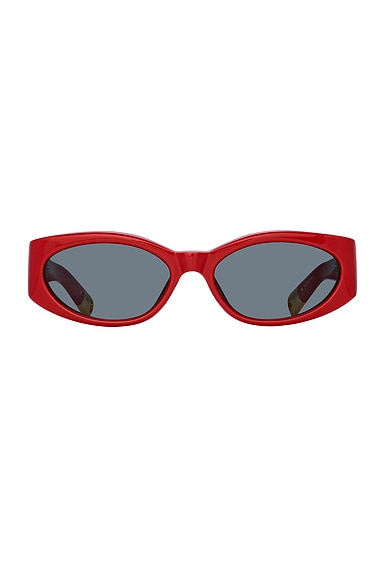 JACQUEMUS Oval Sunglasses in Ovalo Red, Yellow Gold, & Grey