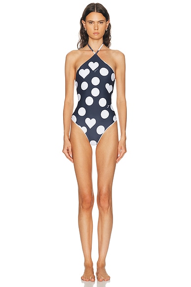 JACQUEMUS Le Maillot Bastide in Print Dots Heart Navy