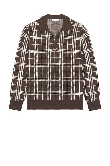 SIMKHAI Klaus Zip Polo Sweater in Chocolate Plaid