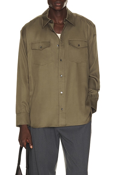 SIMKHAI Carter Refined Workwear Shirt in Dark Olive