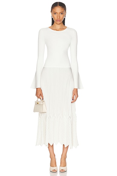 SIMKHAI Damoni Chevron Pleating Midi Dress in Ivory