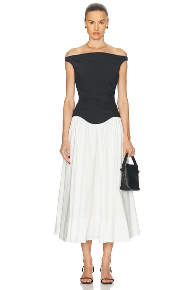 Cersei Off Shoulder Midi Dress in White Black Multi