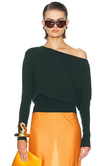 SIMKHAI Lavina Draped Off Shoulder Sweater in Everglade