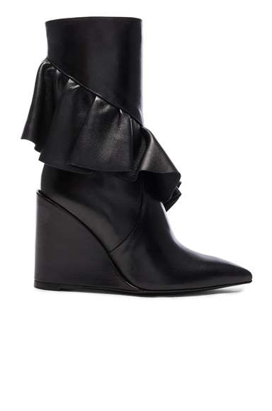 Mid Calf Leather Ruffle Boots